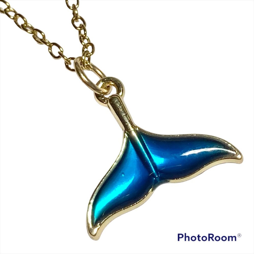 Aqua Blue Mermaid Whale Tail Pendant Necklace Gold Plated 18" Nautical Island